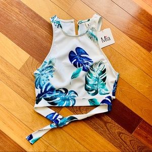 MIA Watercolor Palm Print Crop Top with Strap Detail